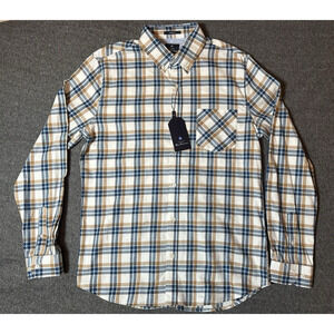 Ben Sherman Shirt Mens Medium Blue Tan Plaid Button Long Sleeve Pocket Fall NWT